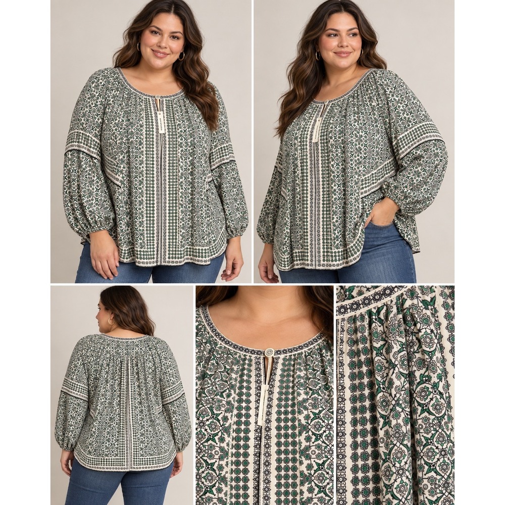 Max Studio Women's 3X Boho Floral Blouse Green Cream Balloon Sleeve NWT